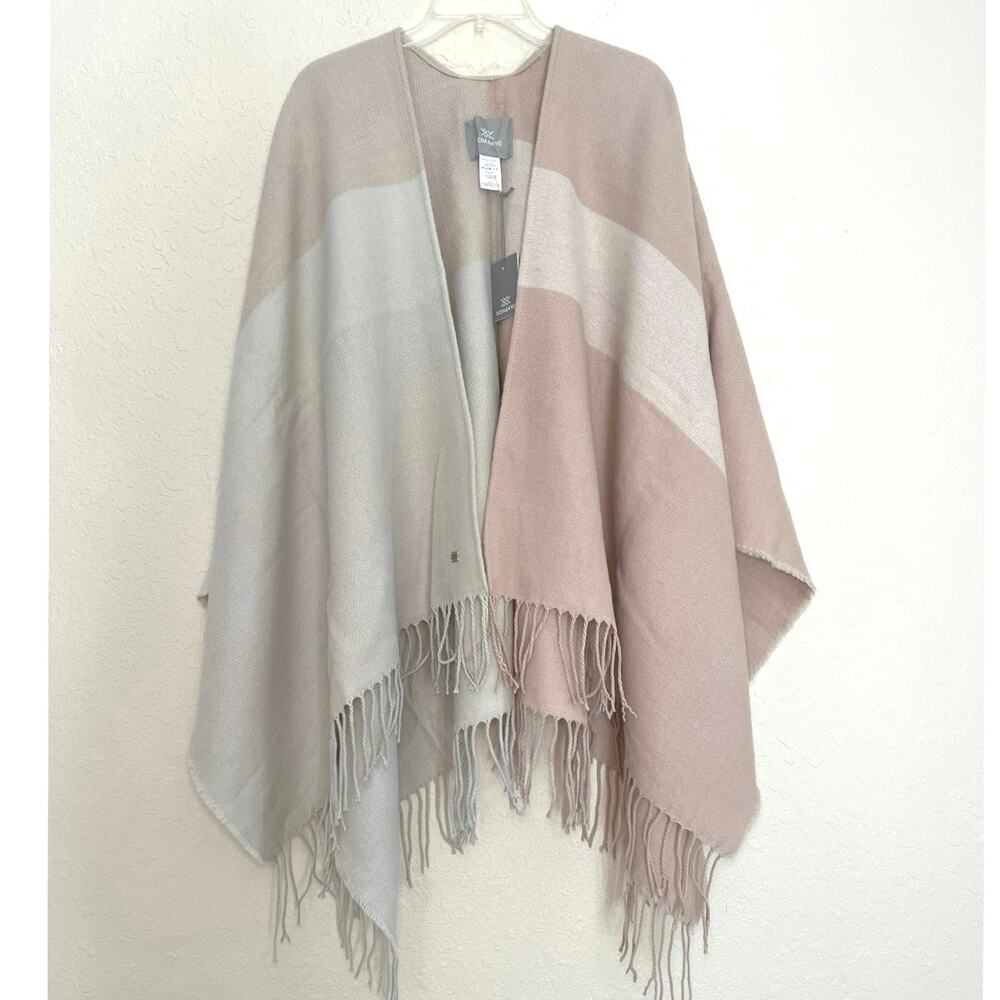 Soia & Kyo Scarfigan Shawl Cream Pink Color Block Wrap Fringe Layer Cozy Boho